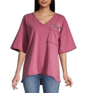 World Market Washed Berry V-Neck Tunic with Floral Pocket Detail Size L/XL